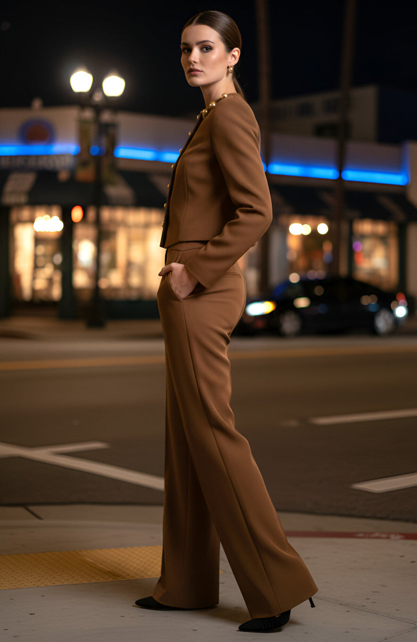 Long Sleeve Embellished Suit Brown