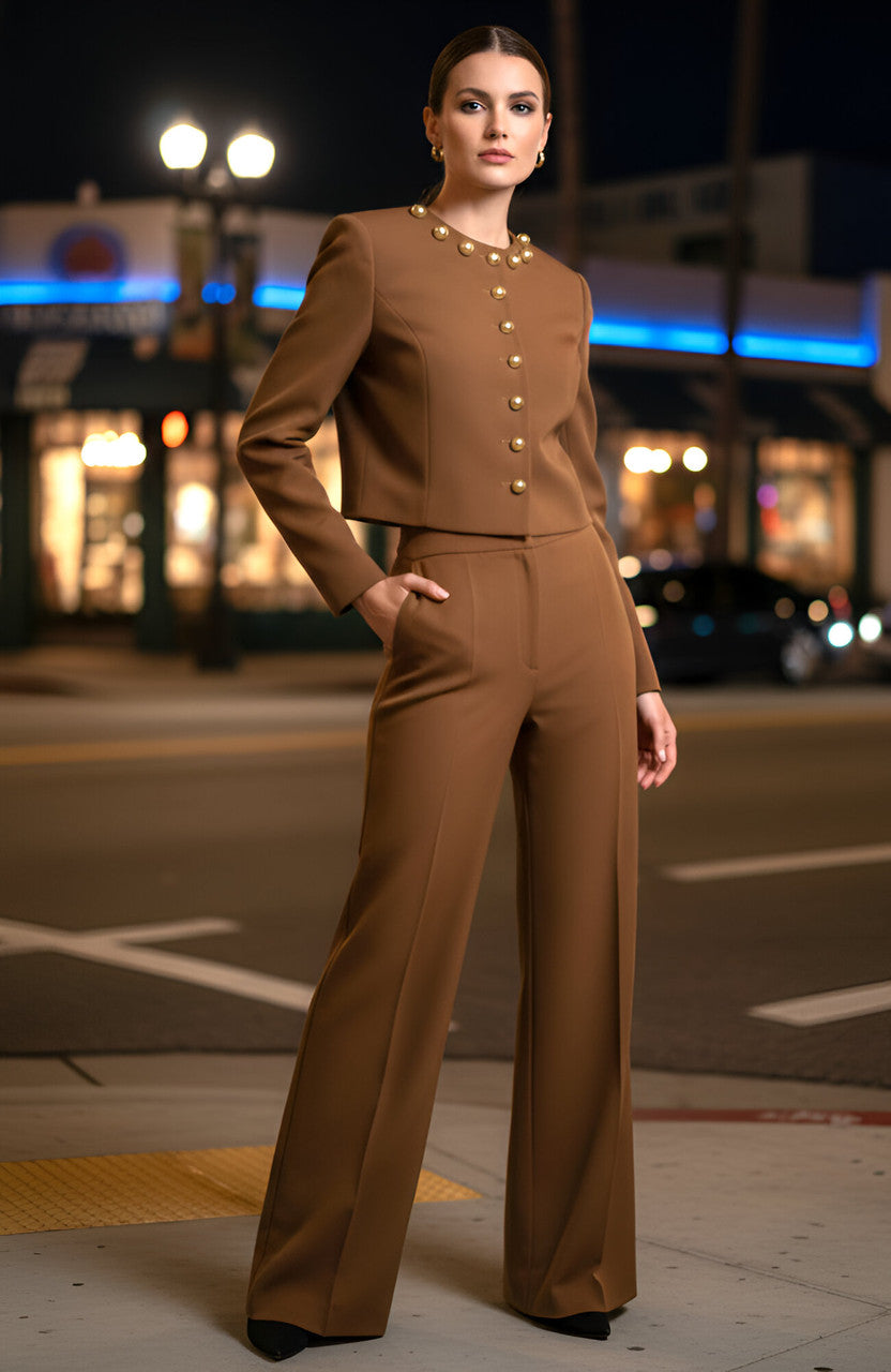 Long Sleeve Embellished Suit Brown