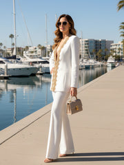 Long Sleeve Embellished Neckline Suit White
