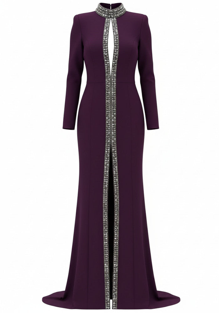 Long Sleeve Crystal Trim Maxi Dress Plum