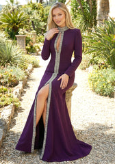Long Sleeve Crystal Trim Maxi Dress Plum