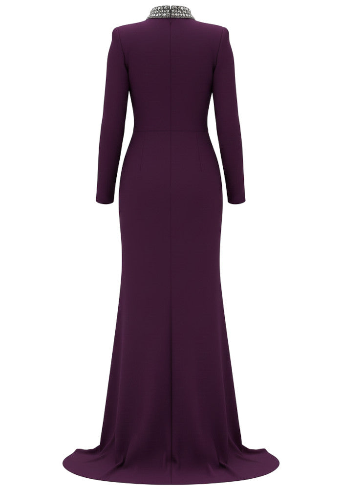 Long Sleeve Crystal Trim Maxi Dress Plum