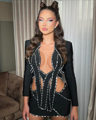Long Sleeves Crystal Two Piece Dress Black