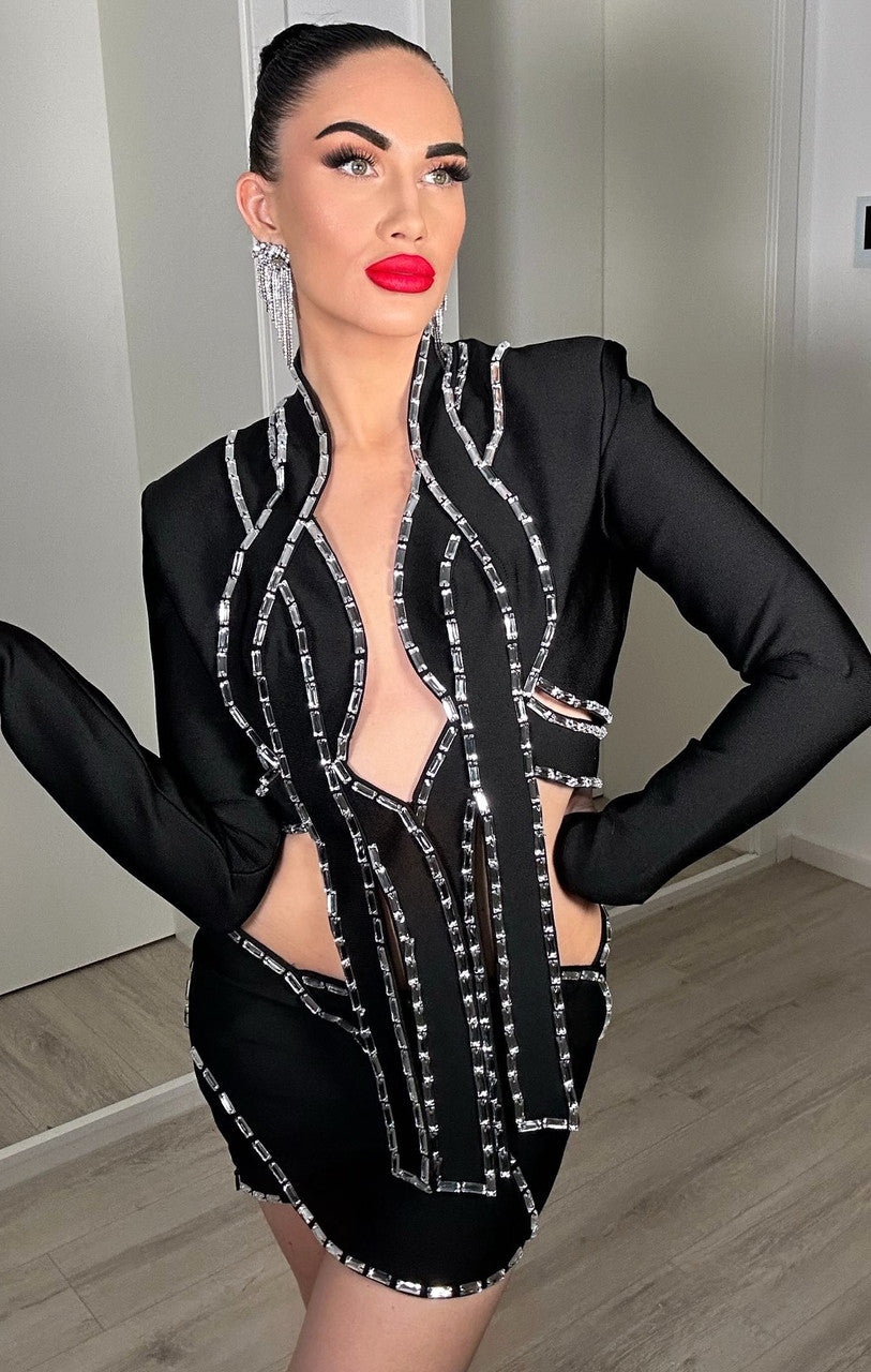 Long Sleeves Crystal Two Piece Dress Black