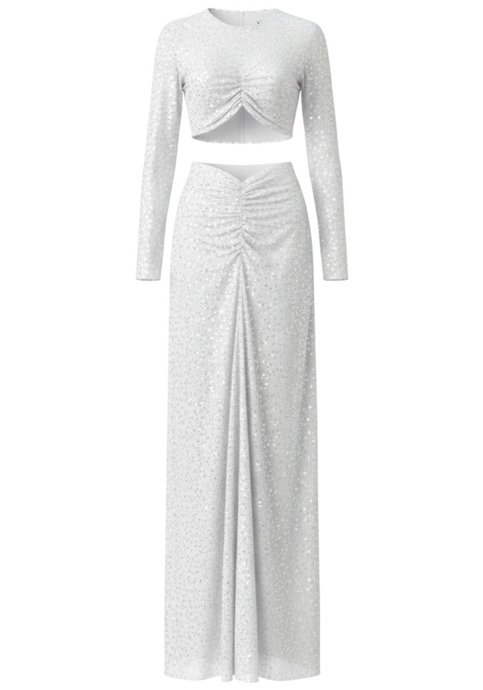 Long Sleeve Ruched Embellished Two Piece Maxi Dress White