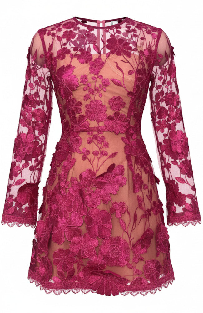 Long Sleeve Floral Embroidered A Line Dress Hot Pink