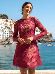 Long Sleeve Floral Embroidered A Line Dress Hot Pink