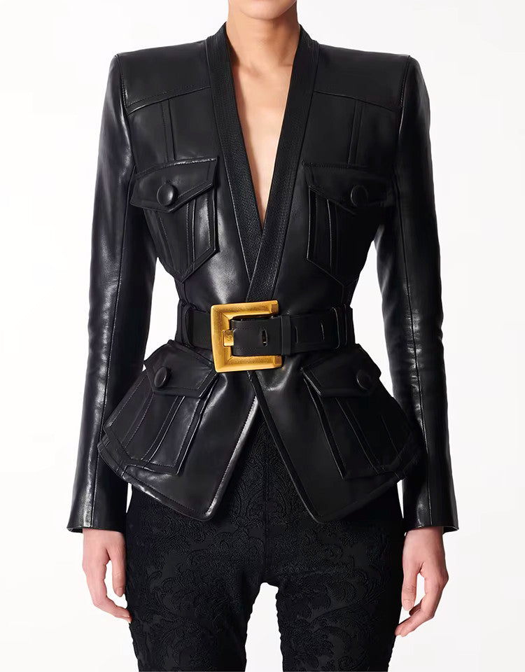 Long Sleeve Belt Faux Leather Jacket Black