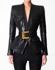 Long Sleeve Belt Faux Leather Jacket Black