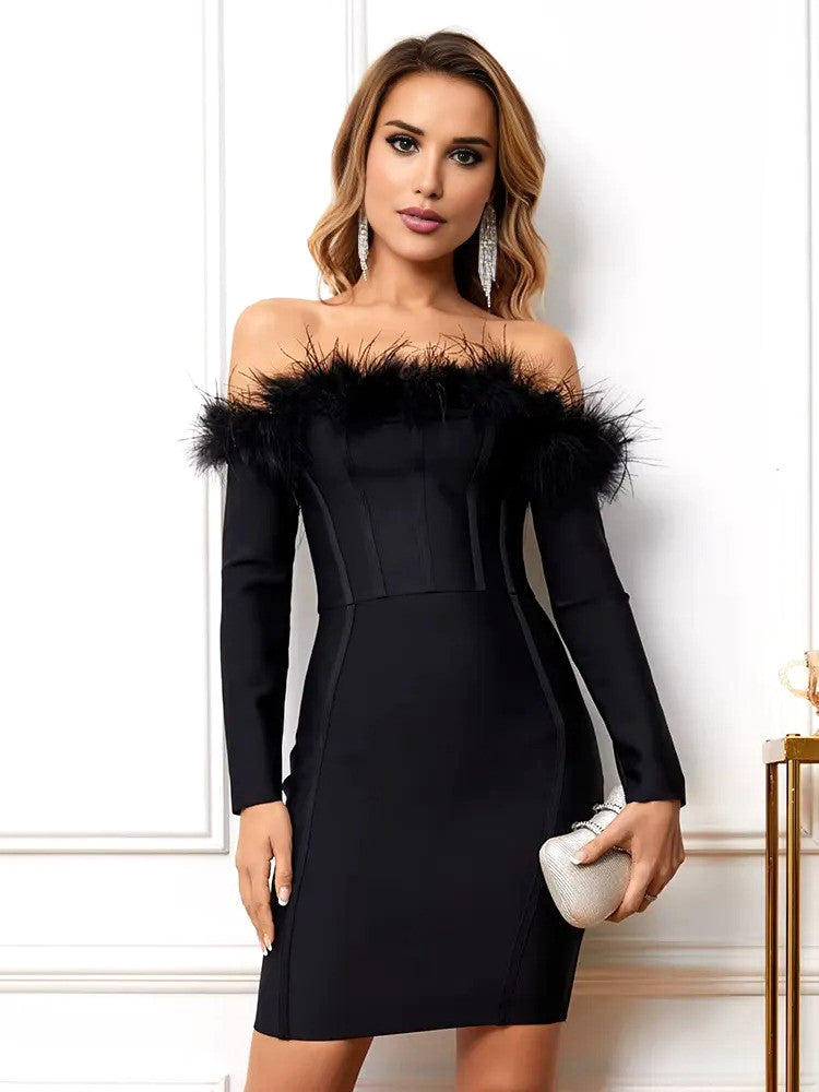 Long Sleeve Feather Detail Bardot Dress Black
