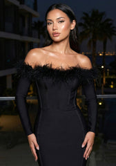 Long Sleeve Feather Detail Bardot Dress Black