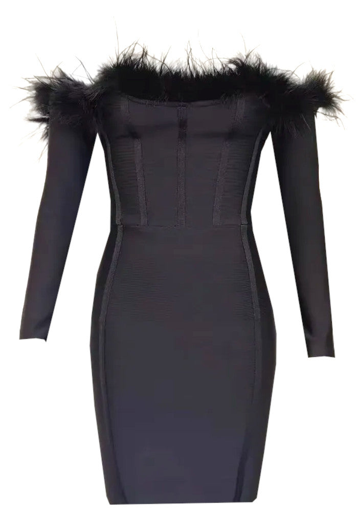 Long Sleeve Feather Detail Bardot Dress Black