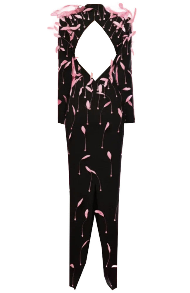Long Sleeve Feather Backless Maxi Dress Black Pink