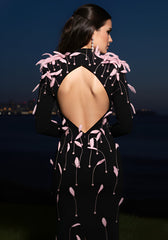 Long Sleeve Feather Backless Maxi Dress Black Pink