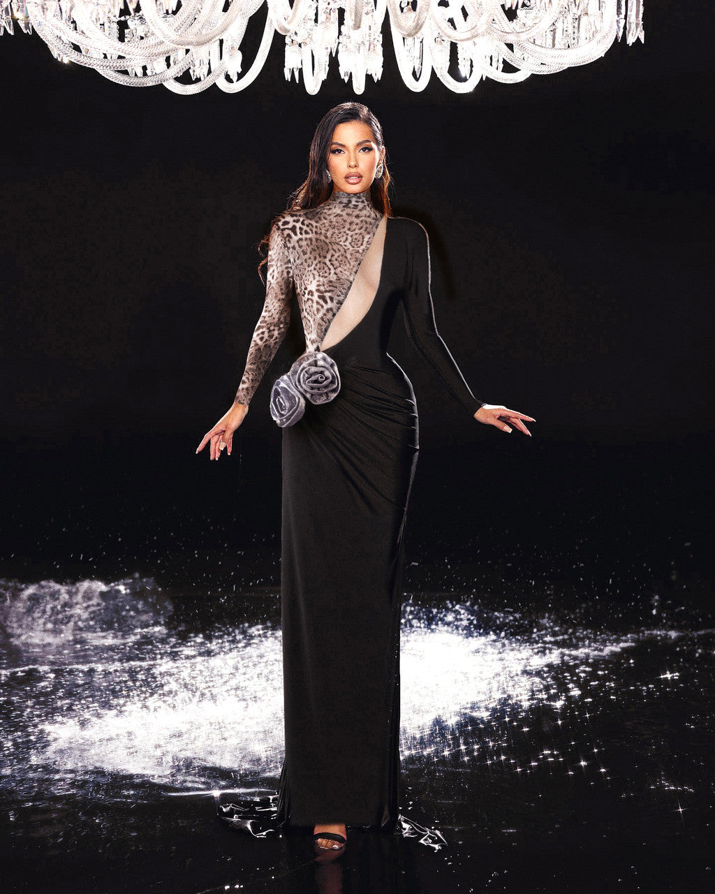 Long Sleeve Animal Print Floral Maxi Dress Black