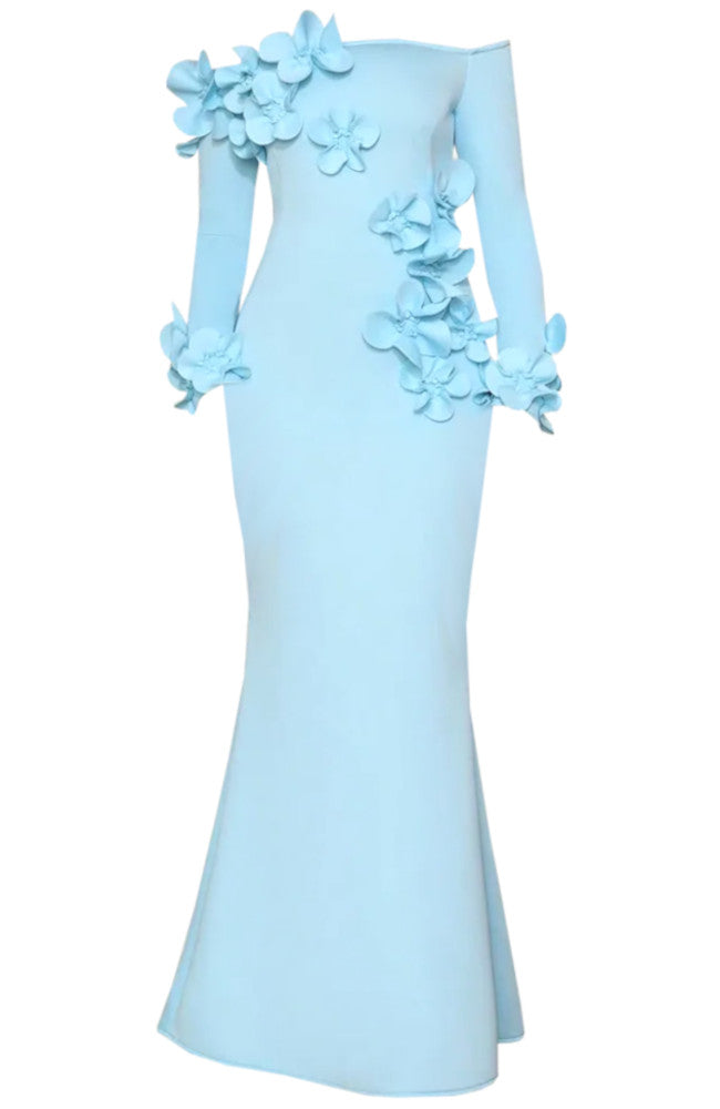 Long Sleeve Floral Detail Bardot Maxi Dress Light Blue