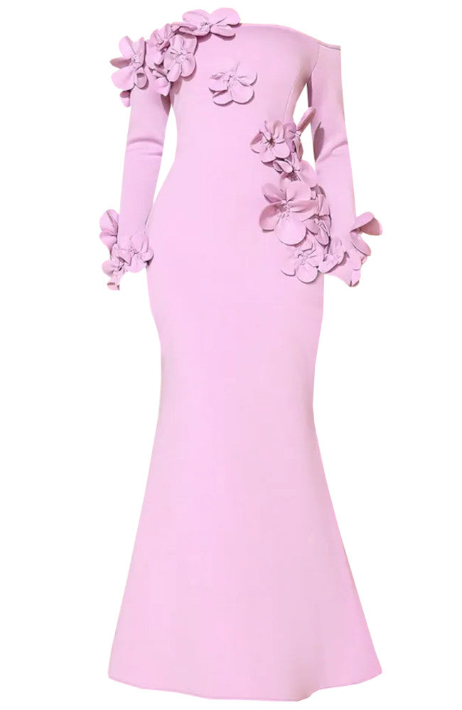 Long Sleeve Floral Detail Bardot Maxi Dress Pink