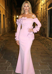 Long Sleeve Floral Detail Bardot Maxi Dress Pink