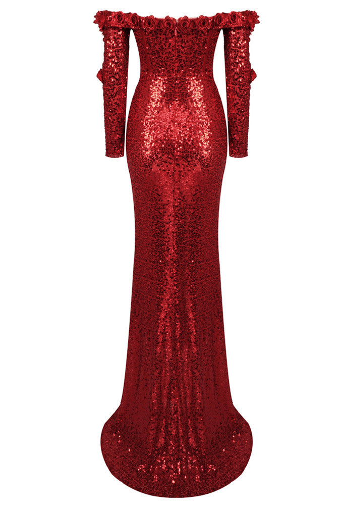 Long Sleeve Floral Bardot Sequin Maxi Dress Red