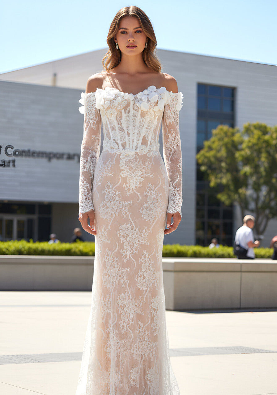 Long Sleeve Floral Bustier Lace Maxi Dress White Nude