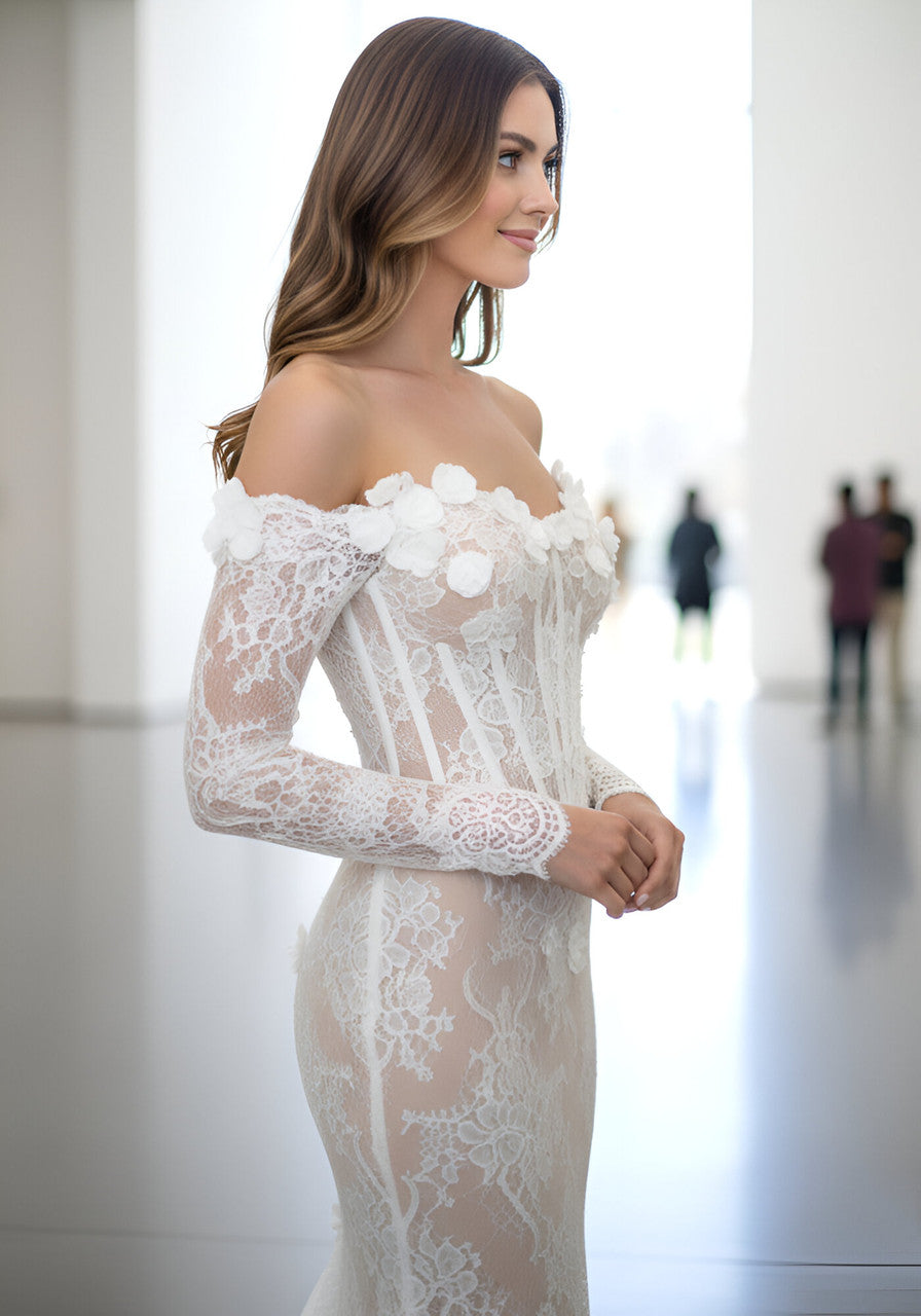 Long Sleeve Floral Bustier Lace Maxi Dress White Nude