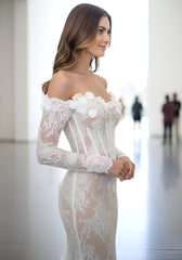 Long Sleeve Floral Bustier Lace Maxi Dress White Nude