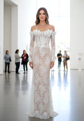 Long Sleeve Floral Bustier Lace Maxi Dress White Nude