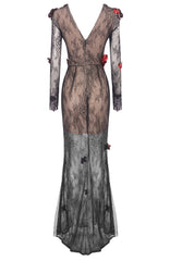 Long Sleeve Floral Detail Lace Maxi Dress Black Red