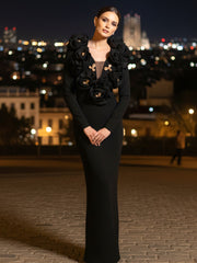 Long Sleeve Floral Detail Maxi Dress Black