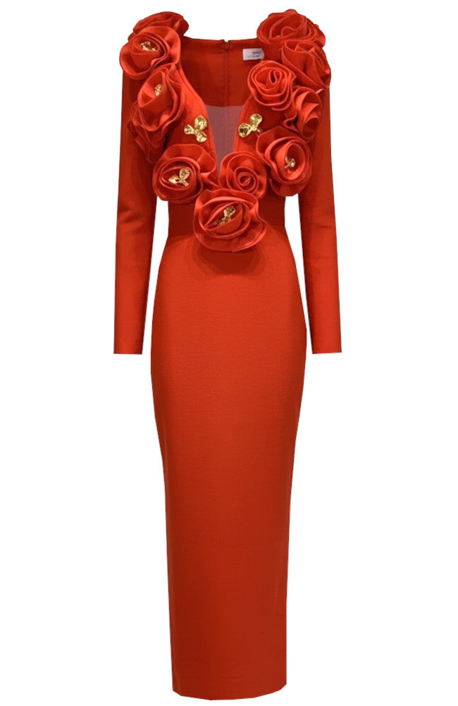 Long Sleeve Floral Detail Maxi Dress Red