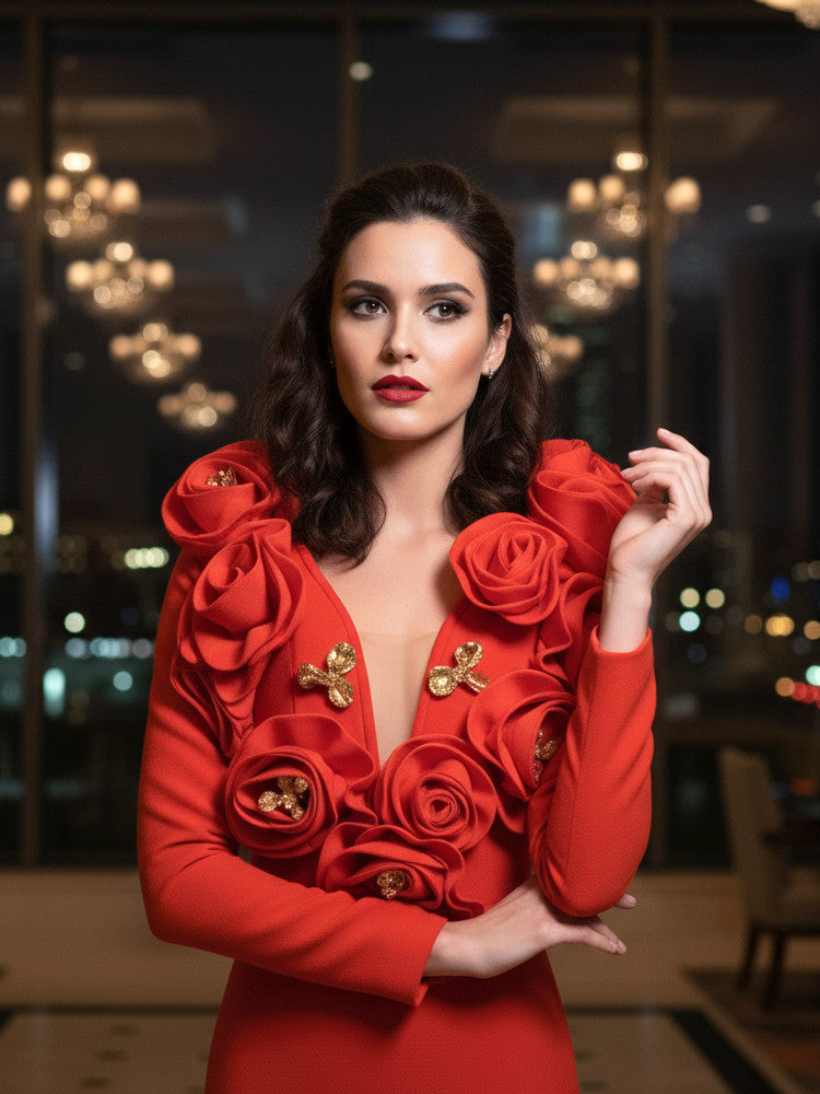 Long Sleeve Floral Detail Maxi Dress Red