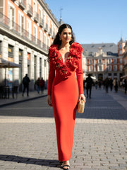 Long Sleeve Floral Detail Maxi Dress Red