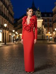 Long Sleeve Floral Detail Maxi Dress Red