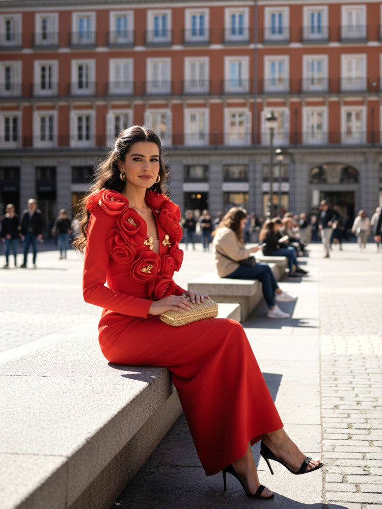 Long Sleeve Floral Detail Maxi Dress Red