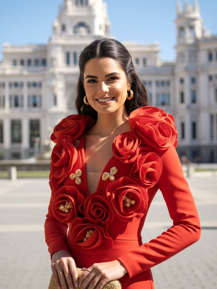 Long Sleeve Floral Detail Maxi Dress Red
