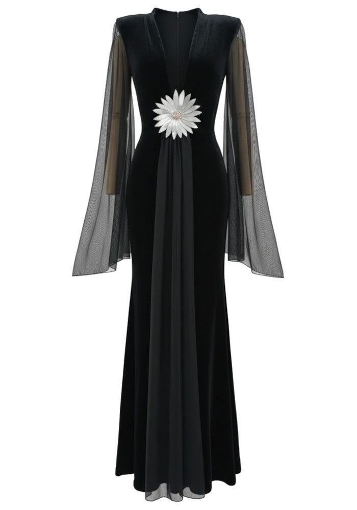 Mesh Sleeves Floral Maxi Velvet Dress Black