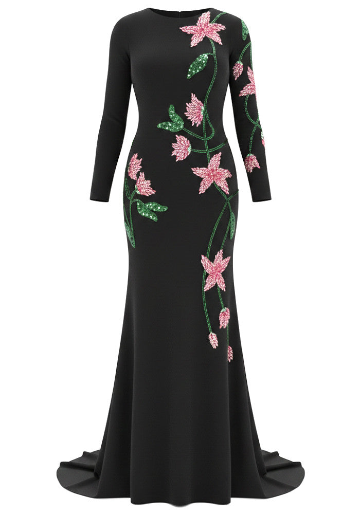 Long Sleeve Floral Embellished Maxi Dress Black