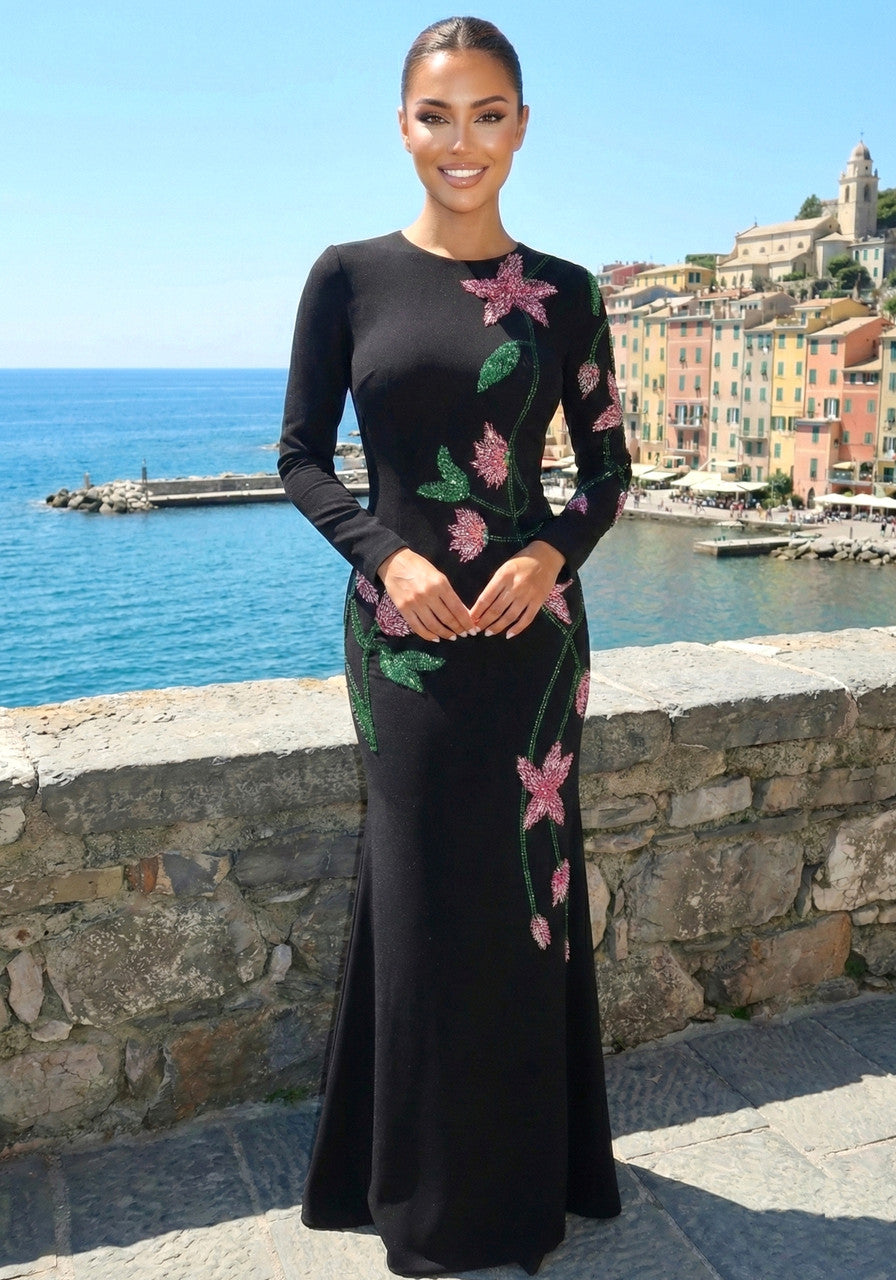 Long Sleeve Floral Embellished Maxi Dress Black