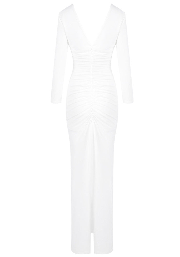 Long Sleeve Floral Ruched Maxi Dress White