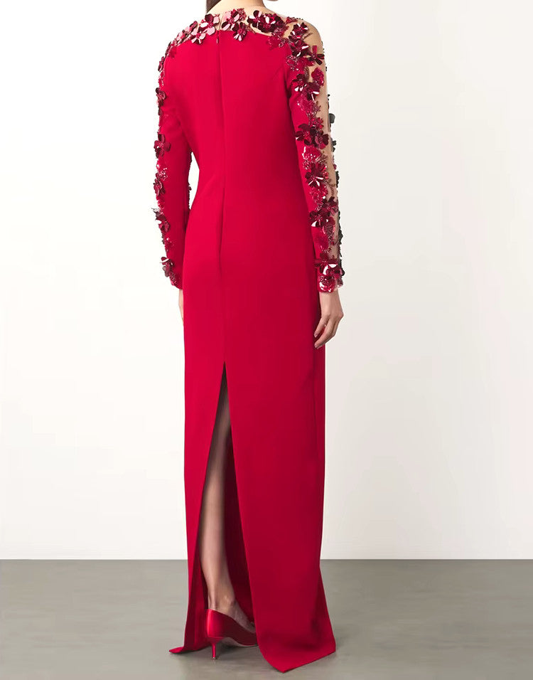 Long Sleeve Floral Sequin Mesh Maxi Dress Red