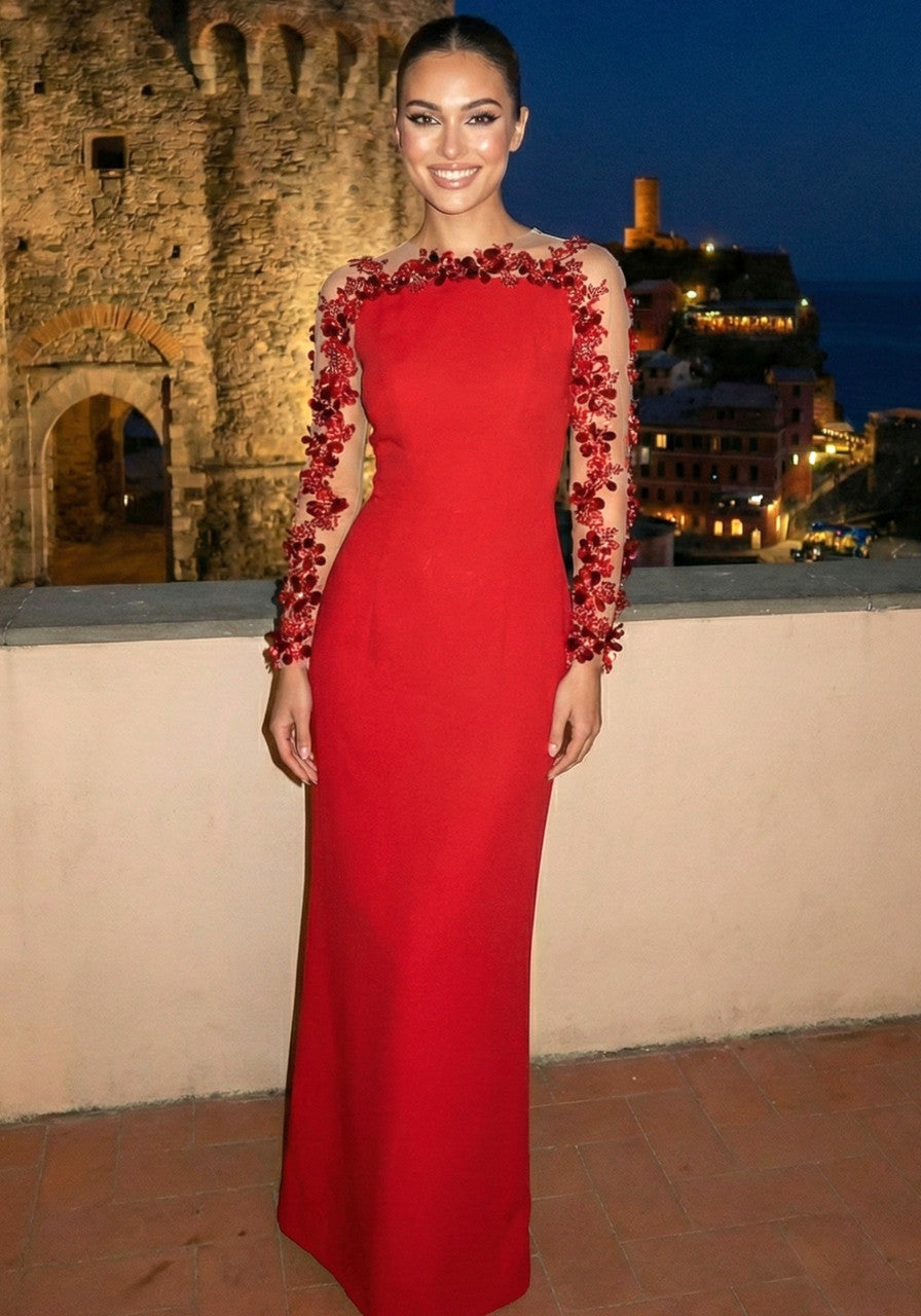 Long Sleeve Floral Sequin Mesh Maxi Dress Red