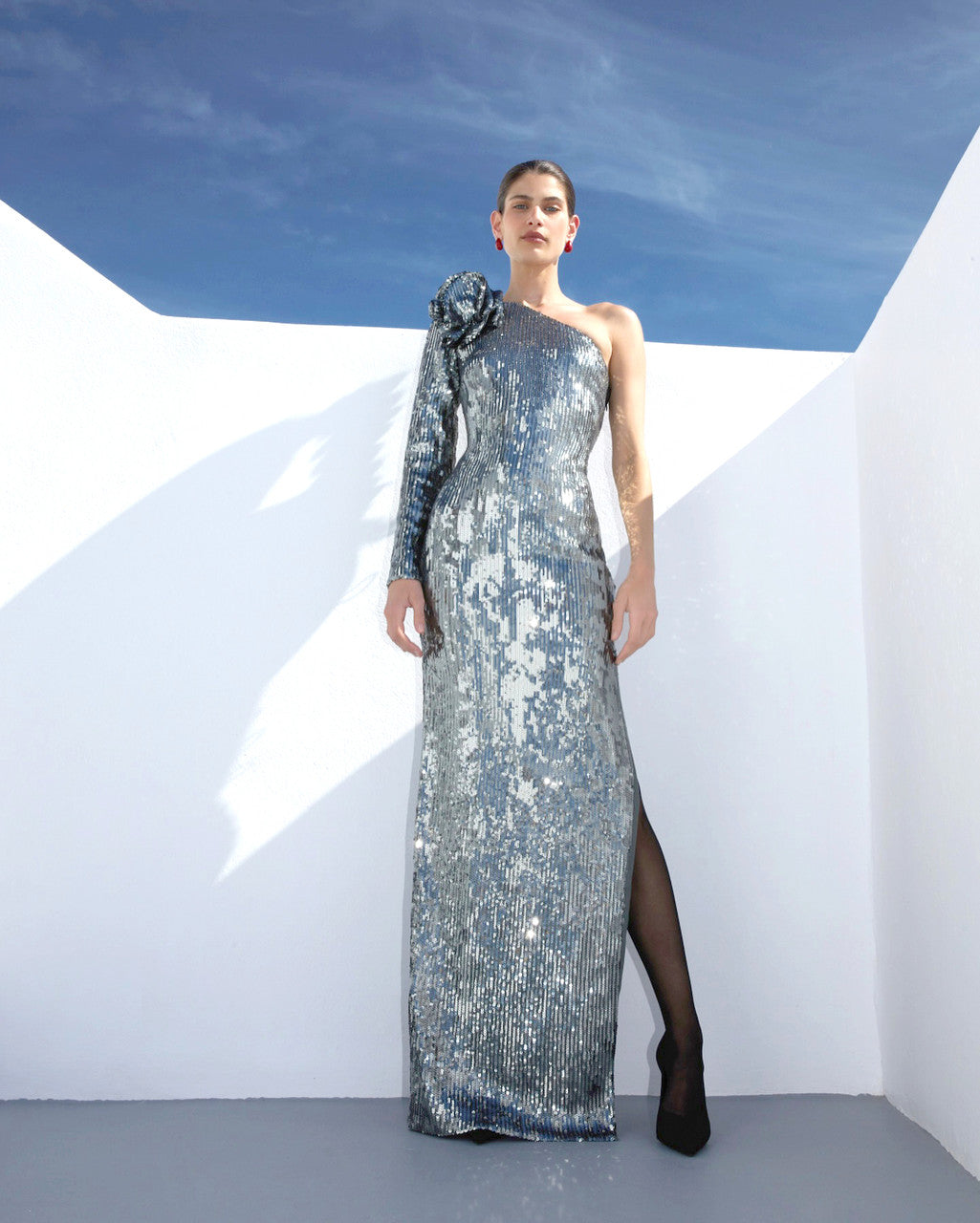 One Sleeve Floral Sequin Maxi Dress Silver
