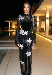 Long Sleeve Floral Sequin Velvet Maxi Dress Black