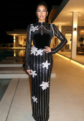 Long Sleeve Floral Sequin Velvet Maxi Dress Black