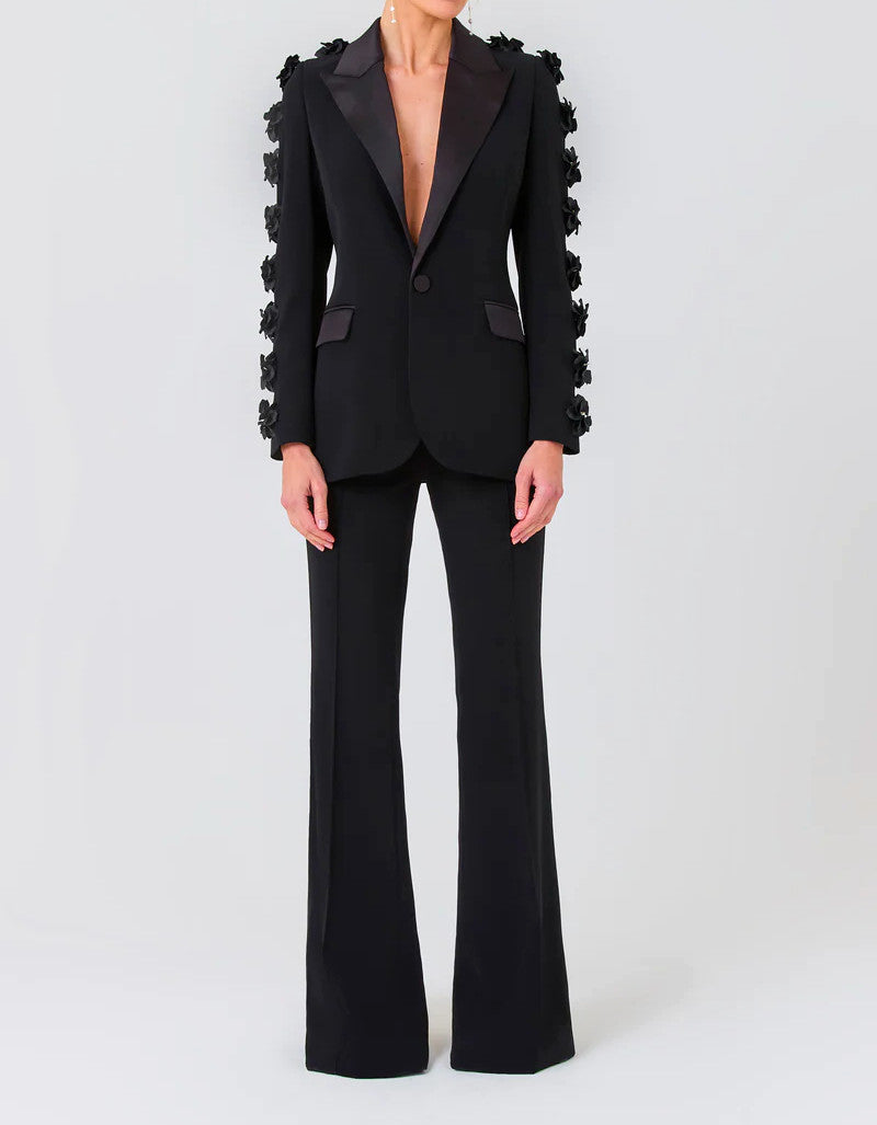 Long Sleeve Floral Detail Suit Black