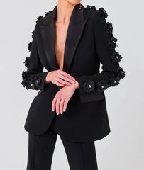 Long Sleeve Floral Detail Suit Black