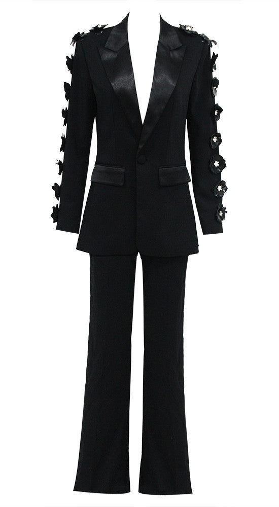 Long Sleeve Floral Detail Suit Black