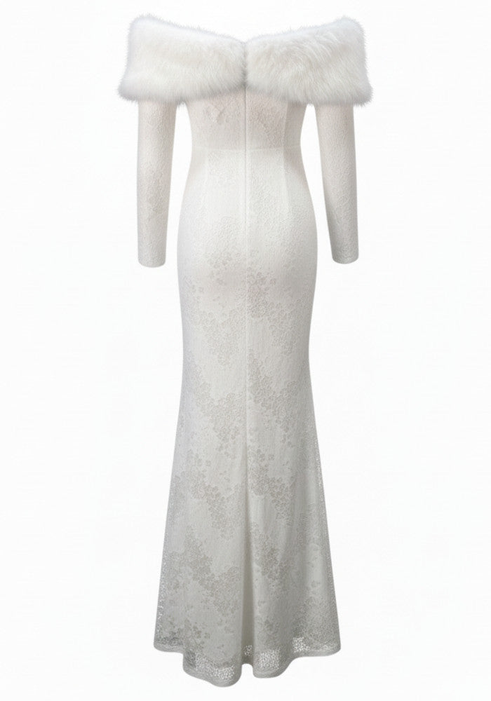 Long Sleeve Fur Bardot Maxi Dress White