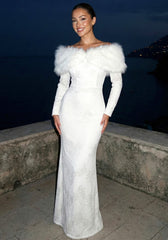Long Sleeve Fur Bardot Maxi Dress White