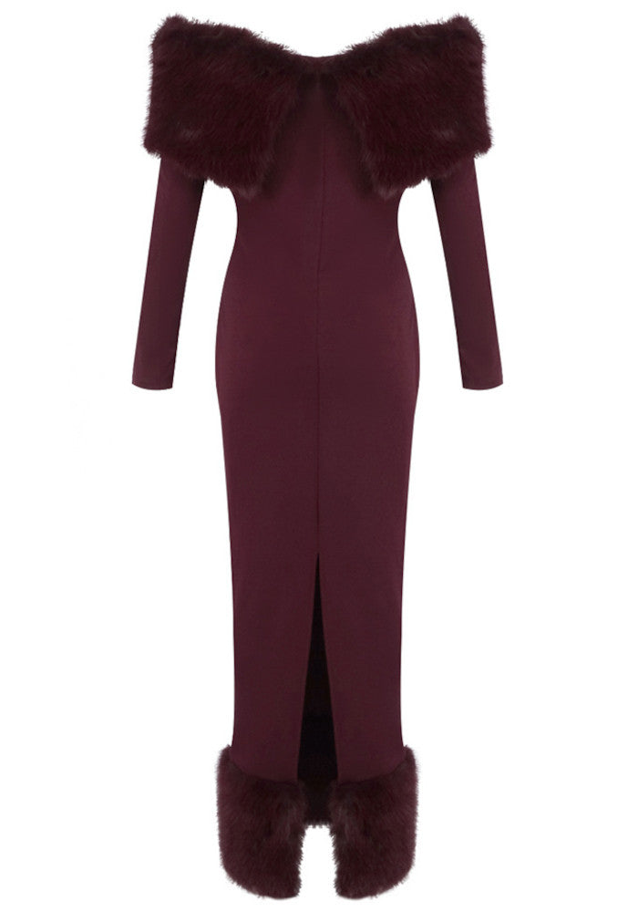 Long Sleeve Fur Bardot Midi Dress Burgundy